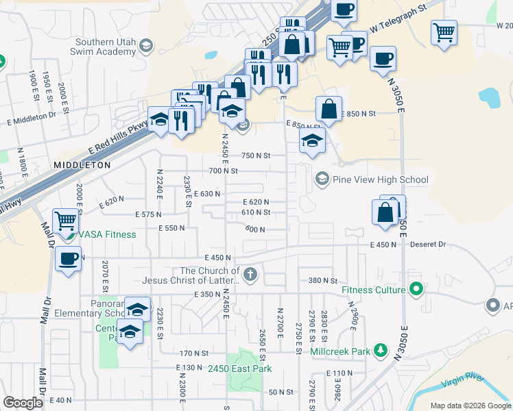 map of restaurants, bars, coffee shops, grocery stores, and more near 2525 East 620 North in St. George