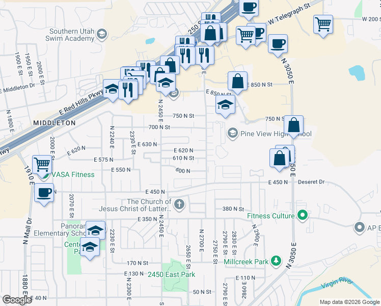 map of restaurants, bars, coffee shops, grocery stores, and more near 2614 East 620 North in St. George