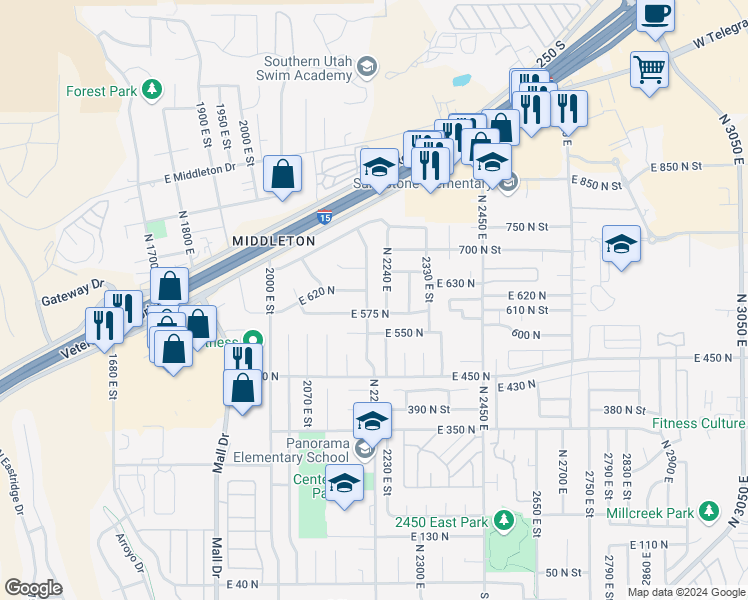 map of restaurants, bars, coffee shops, grocery stores, and more near 610 North 2200 East in St. George