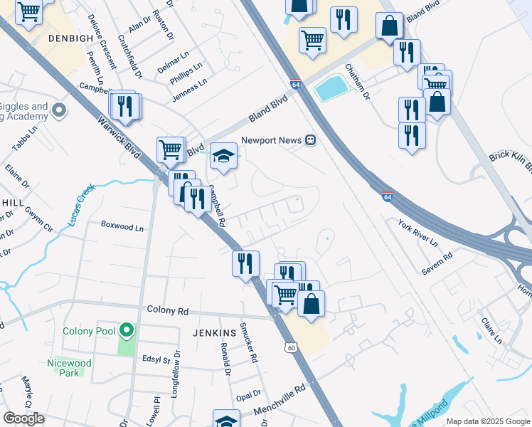 map of restaurants, bars, coffee shops, grocery stores, and more near 160 Heritage Way in Newport News