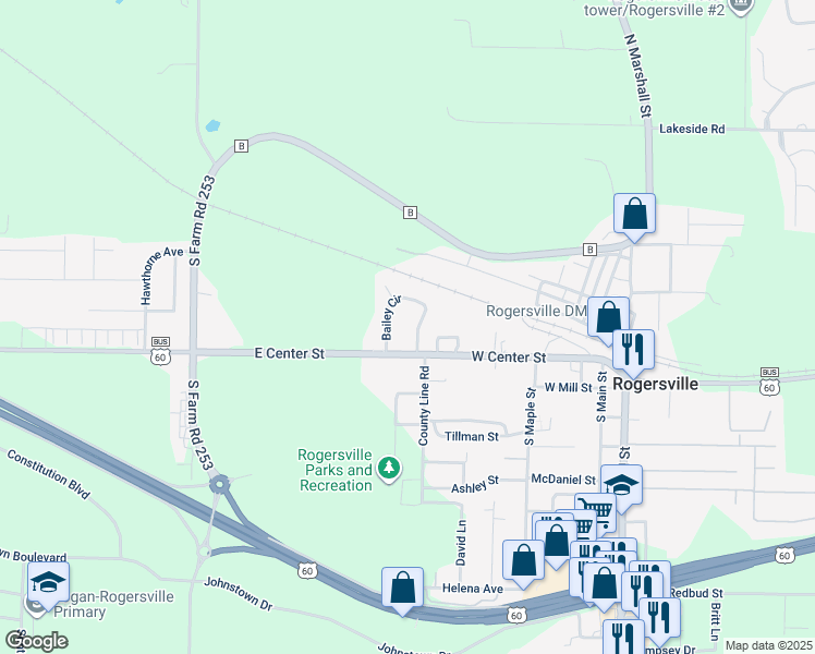 map of restaurants, bars, coffee shops, grocery stores, and more near 108 Bailey Circle in Rogersville