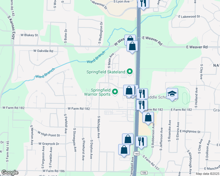 map of restaurants, bars, coffee shops, grocery stores, and more near 5233 South Campbell Avenue in Springfield