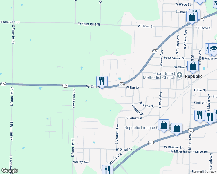 map of restaurants, bars, coffee shops, grocery stores, and more near 839-965 West Elm Street in Republic