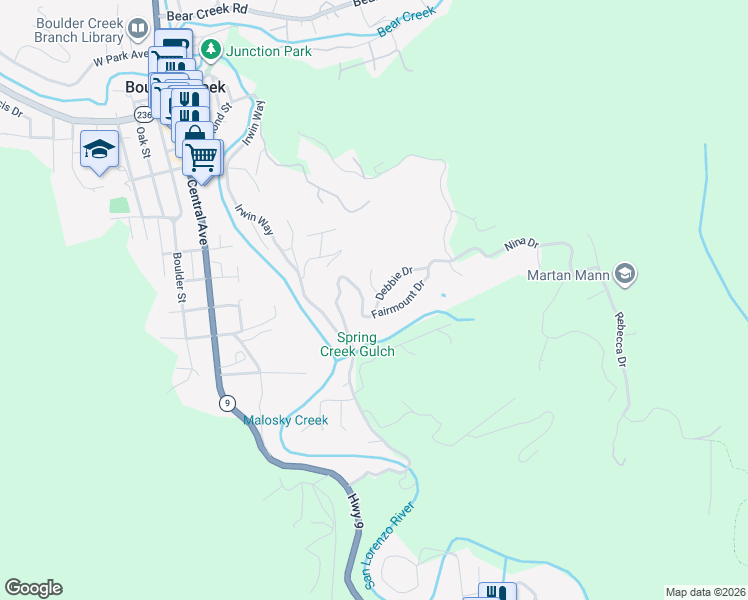 map of restaurants, bars, coffee shops, grocery stores, and more near 515 Debbie Court in Boulder Creek