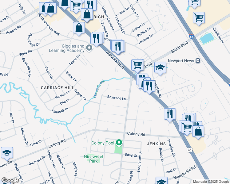map of restaurants, bars, coffee shops, grocery stores, and more near 15 Satinwood Ln in Newport News