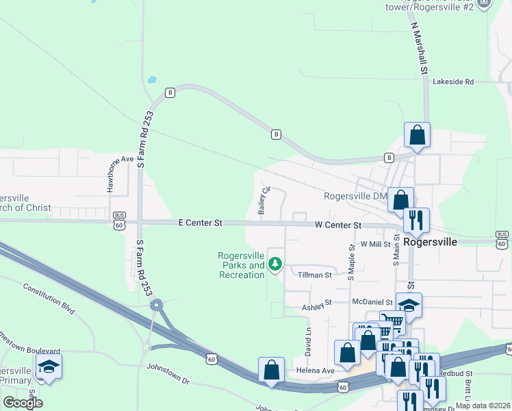 map of restaurants, bars, coffee shops, grocery stores, and more near 107 Bailey Circle in Rogersville