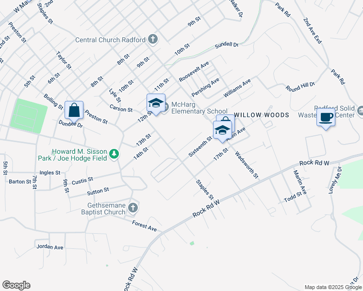 map of restaurants, bars, coffee shops, grocery stores, and more near 117 P T Travis Avenue in Radford