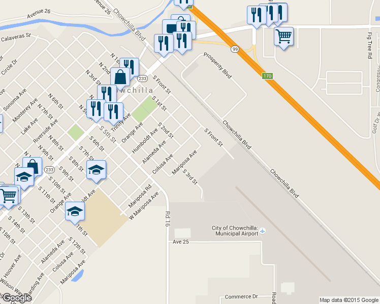 map of restaurants, bars, coffee shops, grocery stores, and more near 120 Mariposa Avenue in Chowchilla