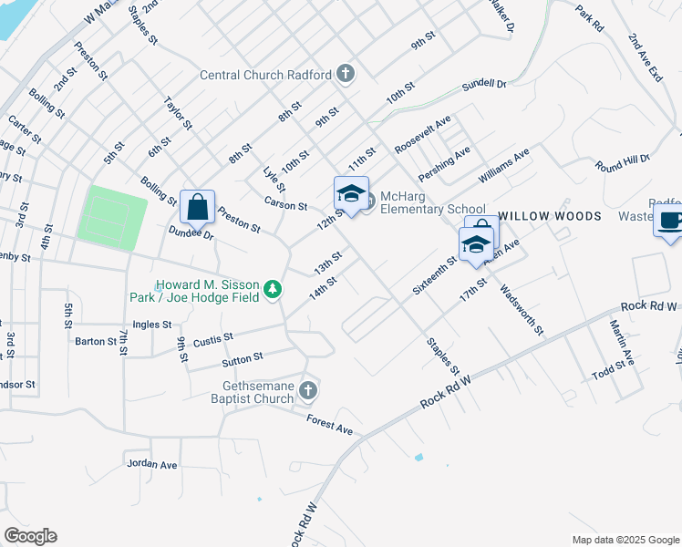 map of restaurants, bars, coffee shops, grocery stores, and more near 820 14th St in Radford