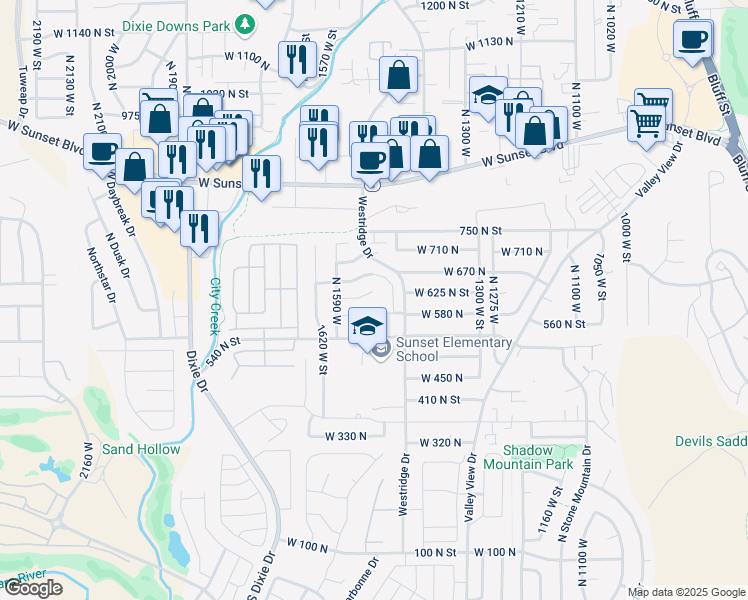 map of restaurants, bars, coffee shops, grocery stores, and more near 1525 West 610 North in St. George