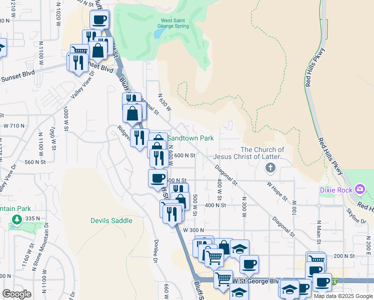 map of restaurants, bars, coffee shops, grocery stores, and more near 550 West 600 North in St. George