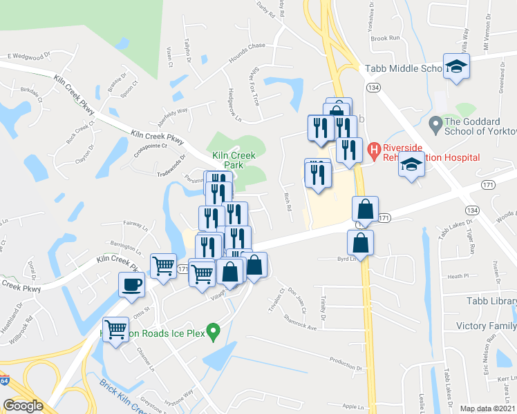 map of restaurants, bars, coffee shops, grocery stores, and more near 111 Harrigan Way in Yorktown