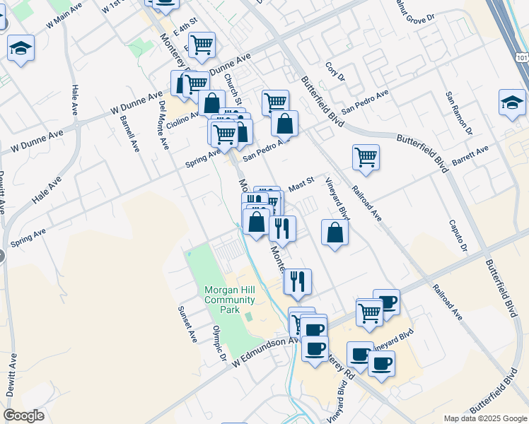 map of restaurants, bars, coffee shops, grocery stores, and more near 16450 Monterey Road in Morgan Hill