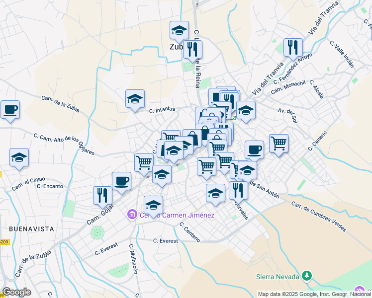map of restaurants, bars, coffee shops, grocery stores, and more near 3 Calle Manuel Vazquez Montalban in La Zubia