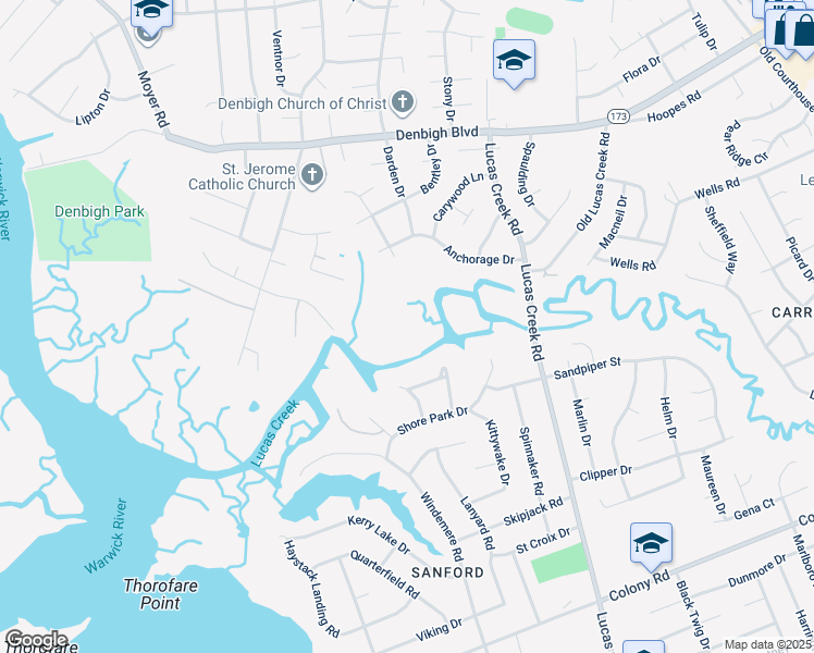 map of restaurants, bars, coffee shops, grocery stores, and more near 80B Anchorage Drive in Newport News