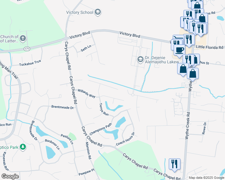 map of restaurants, bars, coffee shops, grocery stores, and more near 107 Treis Trail in Yorktown