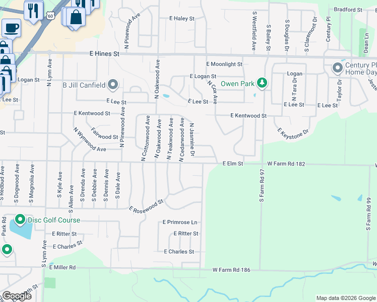 map of restaurants, bars, coffee shops, grocery stores, and more near 119 North Jasmine Drive in Republic