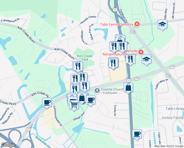 map of restaurants, bars, coffee shops, grocery stores, and more near 111 Harrigan Way in Yorktown