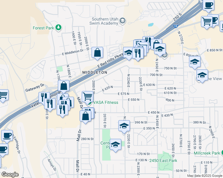 map of restaurants, bars, coffee shops, grocery stores, and more near 2140 East 620 North in St. George