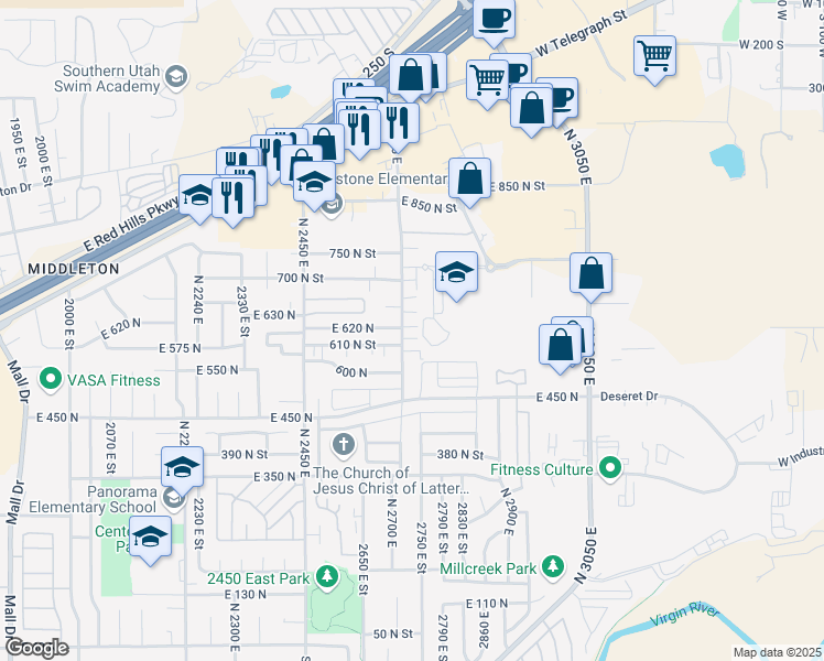 map of restaurants, bars, coffee shops, grocery stores, and more near 618 2720 East Street in St. George