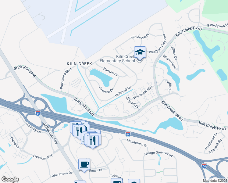 map of restaurants, bars, coffee shops, grocery stores, and more near 942 Foxboro Drive in Newport News