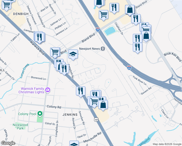 map of restaurants, bars, coffee shops, grocery stores, and more near 160 Heritage Way in Newport News