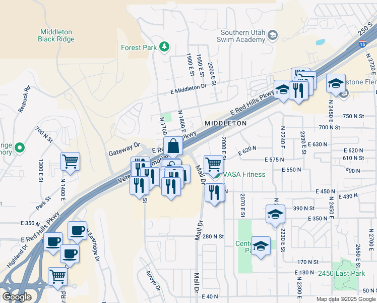 map of restaurants, bars, coffee shops, grocery stores, and more near 917 Red Cliffs Drive in St. George