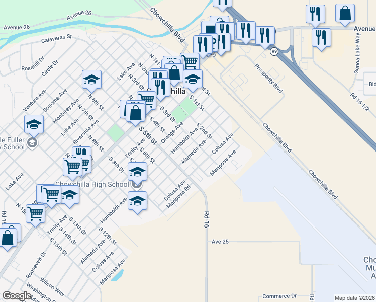 map of restaurants, bars, coffee shops, grocery stores, and more near 435 South 4th Street in Chowchilla