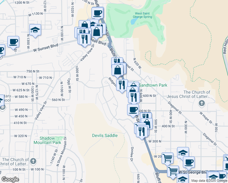 map of restaurants, bars, coffee shops, grocery stores, and more near 614 Ridge Rim Way in St. George