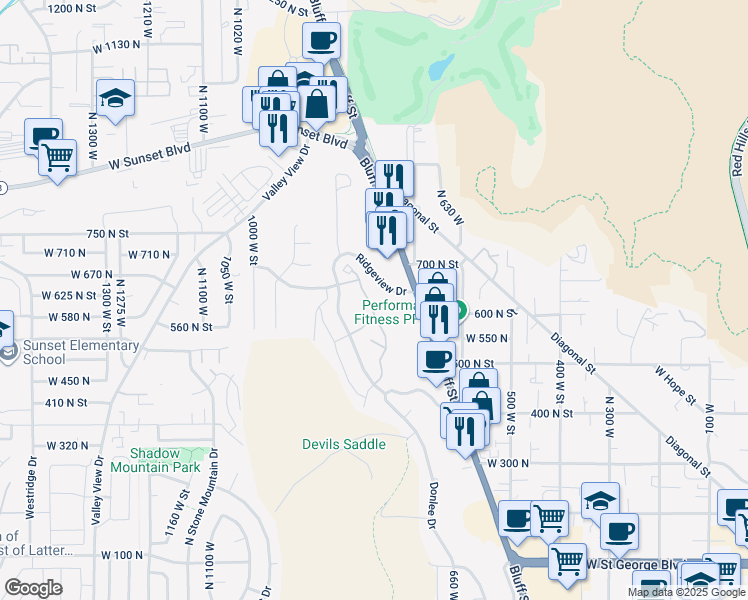 map of restaurants, bars, coffee shops, grocery stores, and more near 614 Ridge Rim Way in St. George