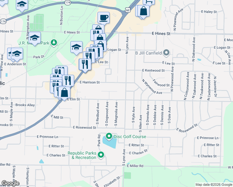 map of restaurants, bars, coffee shops, grocery stores, and more near 926 E Rodgers St in Republic