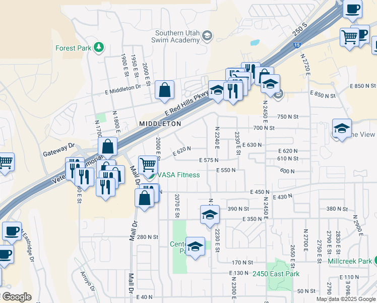 map of restaurants, bars, coffee shops, grocery stores, and more near 2140 East 620 North in St. George