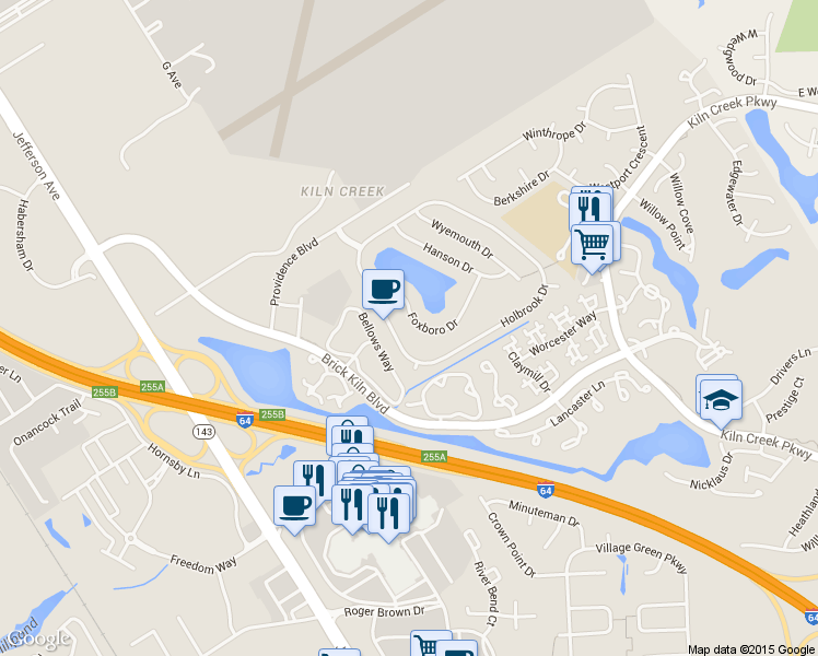 map of restaurants, bars, coffee shops, grocery stores, and more near 924 Foxboro Drive in Newport News