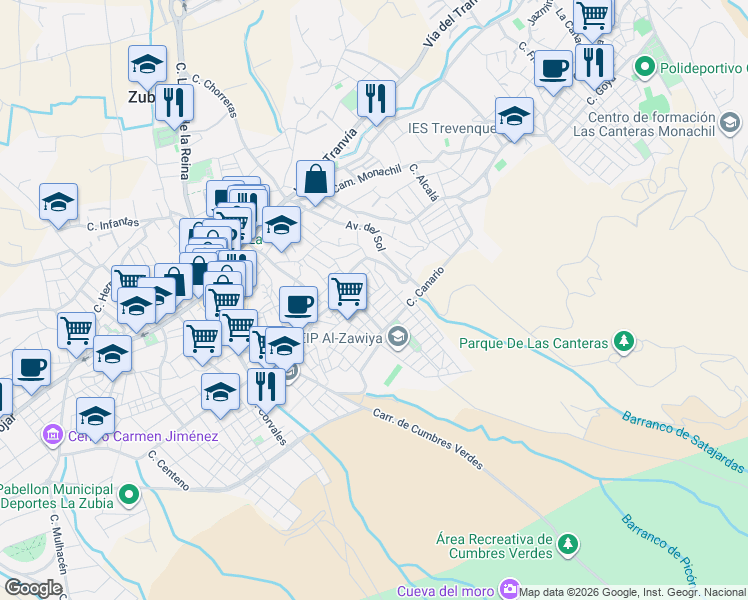 map of restaurants, bars, coffee shops, grocery stores, and more near 1A Calle Codorniz in La Zubia