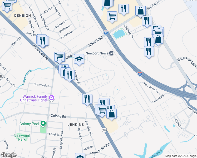 map of restaurants, bars, coffee shops, grocery stores, and more near 160 Heritage Way in Newport News