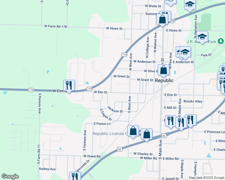 map of restaurants, bars, coffee shops, grocery stores, and more near 455 West Elm Street in Republic