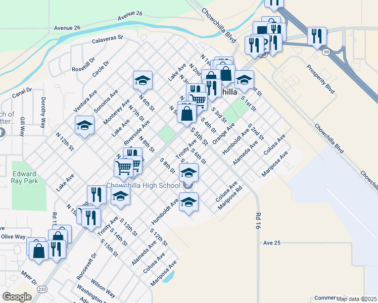 map of restaurants, bars, coffee shops, grocery stores, and more near 601 Trinity Avenue in Chowchilla