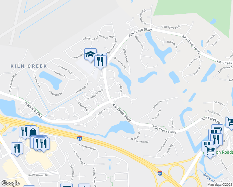 map of restaurants, bars, coffee shops, grocery stores, and more near 1209 Mill Pond Court in Newport News