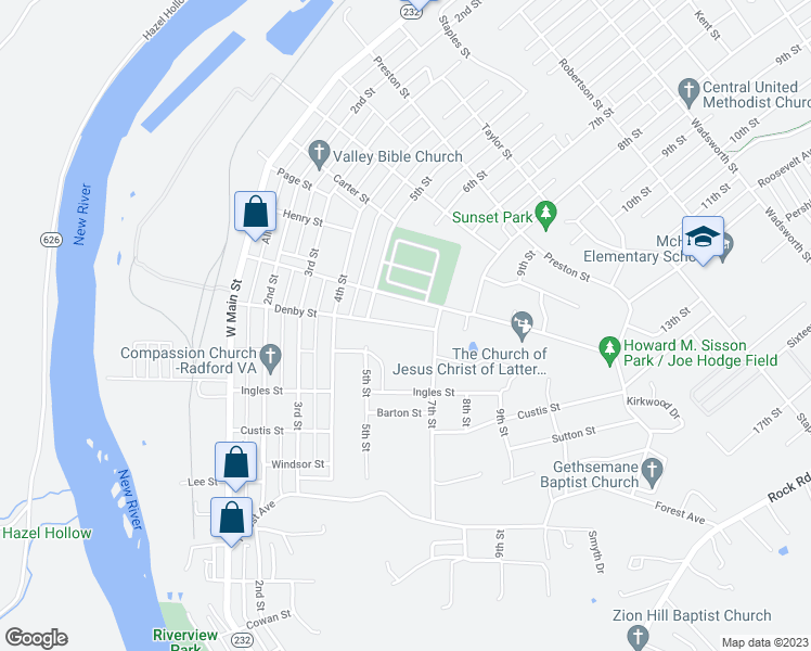 map of restaurants, bars, coffee shops, grocery stores, and more near 600 Denby Street in Radford