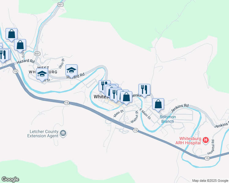 map of restaurants, bars, coffee shops, grocery stores, and more near 109 Church Street in Whitesburg