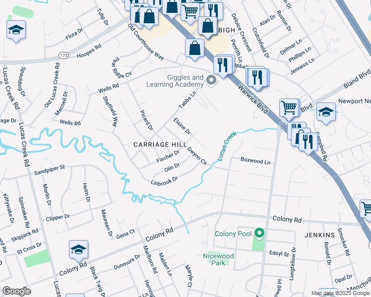 map of restaurants, bars, coffee shops, grocery stores, and more near 101 Fischer Drive in Newport News