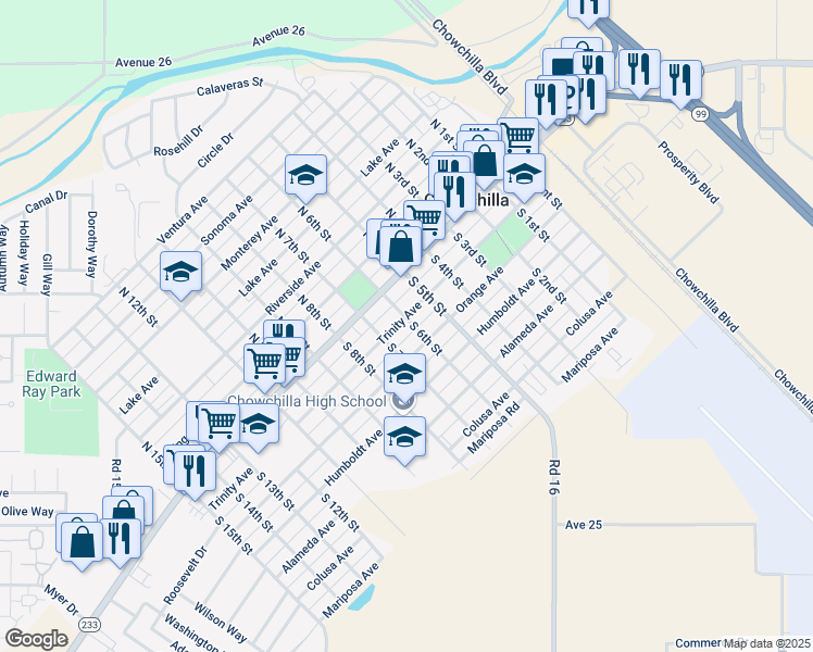 map of restaurants, bars, coffee shops, grocery stores, and more near 601 Trinity Avenue in Chowchilla