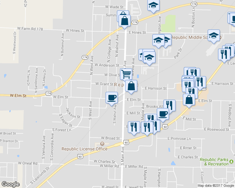 map of restaurants, bars, coffee shops, grocery stores, and more near 125 W Elm St in Republic