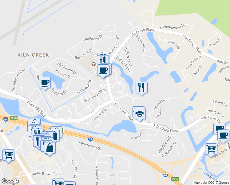 map of restaurants, bars, coffee shops, grocery stores, and more near 1211 Mill Pond Court in Newport News
