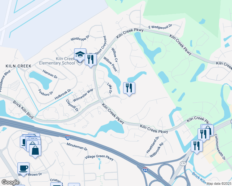 map of restaurants, bars, coffee shops, grocery stores, and more near 975 Water Oak Court in Newport News
