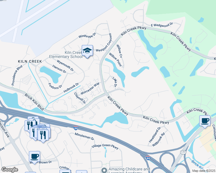 map of restaurants, bars, coffee shops, grocery stores, and more near 1211 Mill Pond Court in Newport News