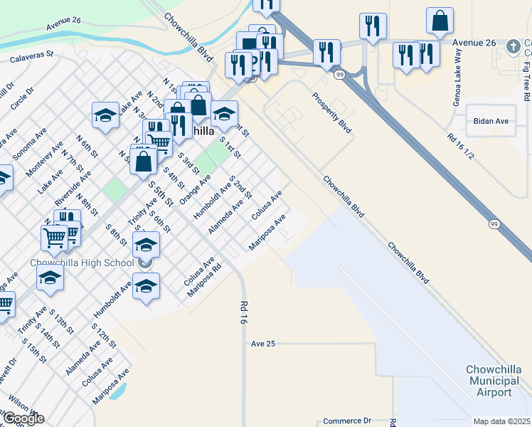 map of restaurants, bars, coffee shops, grocery stores, and more near 120 Mariposa Avenue in Chowchilla