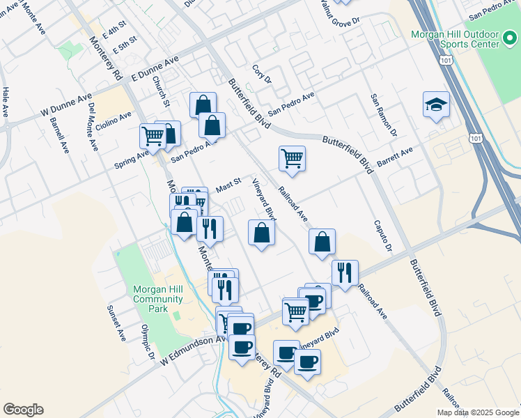 map of restaurants, bars, coffee shops, grocery stores, and more near 16635-16699 Vineyard Blvd in Morgan Hill