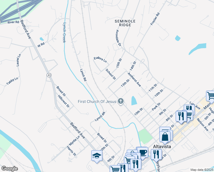 map of restaurants, bars, coffee shops, grocery stores, and more near 710 14th Street in Altavista
