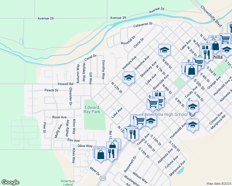 map of restaurants, bars, coffee shops, grocery stores, and more near 1209 Sonoma Avenue in Chowchilla